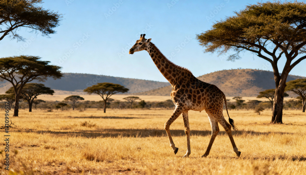 Obraz premium a giraffe (giraffa camelopardalis) walks alone across the dry savanna in africa