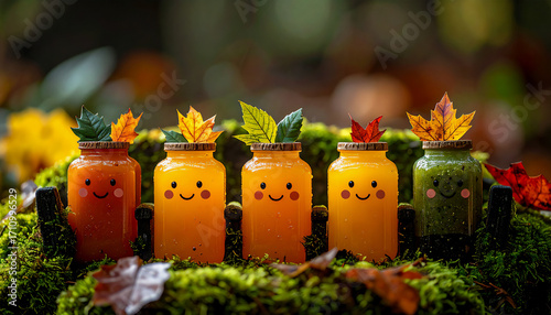 Obstsaft in Glasbehältern mit aufgemalten lachenden Gesichtern und am Verschlussdeckel mit Herbstlaub dekoriert, Freifläche