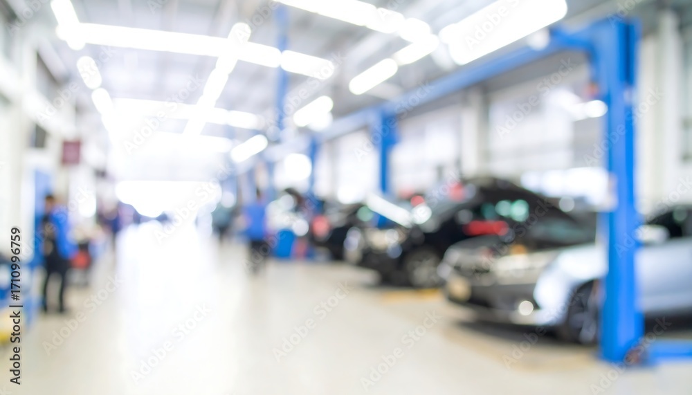 Obraz premium Blurry interior of a car repair shop
