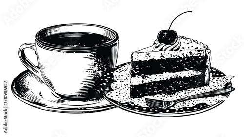 Vintage Diner Set with Coffee Cup in Grunge Black and White Style
