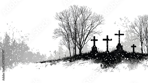 Eerie Snowy Cemetery Scene in Grunge Black and White