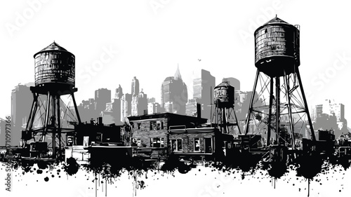 Elegant Grunge Black and White Urban Skyline Reflection on Water