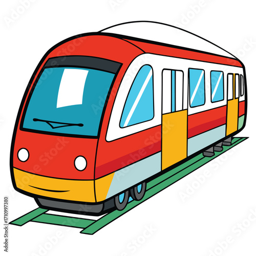Cartoon red and white passenger train on green tracks Keywords: train, cartoon, vehicle, transportation