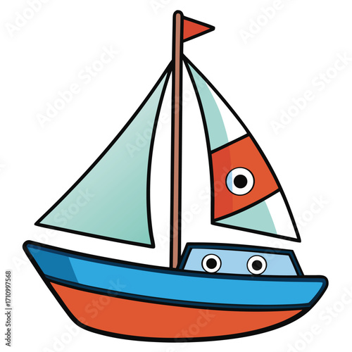Cartoon Sailboat With Red Orange Accents And Googly Eyes sailing watercraft