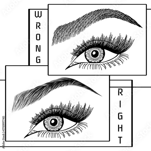 Illustration with woman's eyes, eyelashes and eyebrows. Makeup Look. Tattoo design. Logo for brow bar or lash salon. Wrong and right coloring care. Set of well-groomed and shaggy eyebrows.
