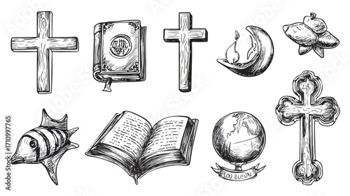 Hand-Drawn Christian Symbols Set with Cross - Detailed Religious Illustration