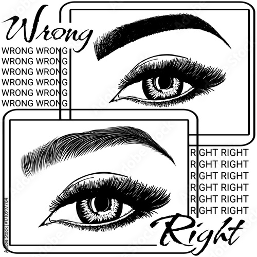Illustration with woman's eyes, eyelashes and eyebrows. Makeup Look. Tattoo design. Logo for brow bar or lash salon. Wrong and right coloring care. Set of well-groomed and shaggy eyebrows.