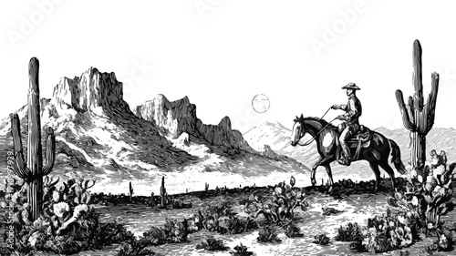 Hand Drawn Crocodile Cowboy Riding Horse in Desert Illustration