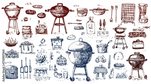 Hand Drawn Decorative Barbecue Grills and Picnic Scene Illustration