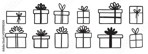 gift box doodle. Gift doodle bow present with ribbon illustration. Present hand drawn icon decorative outline element