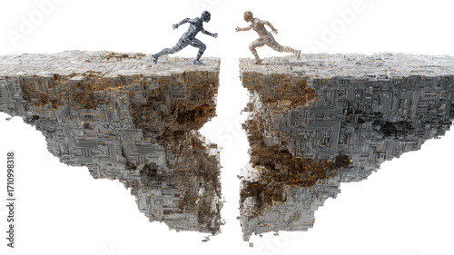 Two figures run across a fractured, floating island