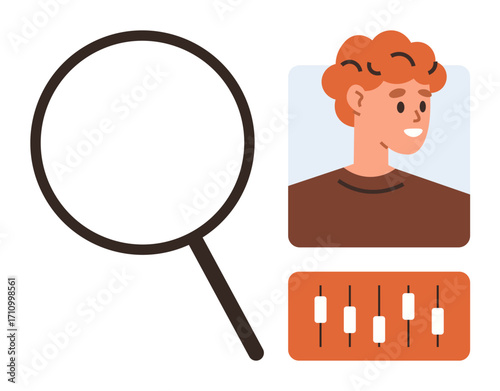 Magnifying glass, user profile picture, and settings sliders emphasizing search, personalization, and data analysis. Ideal for recruitment, customization, user settings, digital identity data