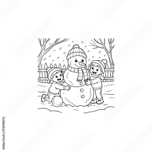 Children building a snowman in a snowy winter scene.A black and white illustration of two children building a snowman in a snowy winter landscape.