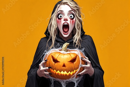 Digital illustration of a surprised Woman in Black Hooded Costume Holding Carved Pumpkin Jack-o’-Lantern with Cobwebs, Halloween Portrait on Bright Orange Background. Copy Space.