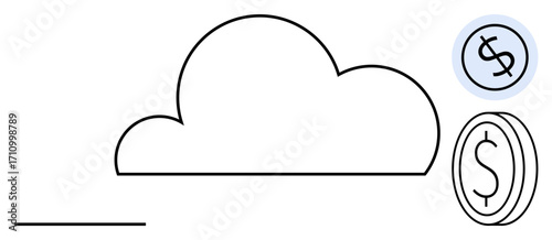Minimalist cloud with coin and dollar sign visualizing online transactions, e-commerce, cloud economy. Ideal for fintech, investment, cloud storage, business, data monetization savings. Simple flat
