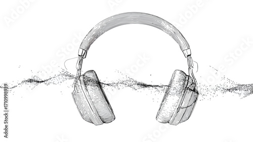 Sleek Headphones with Sound Waves Outline Vector Illustration