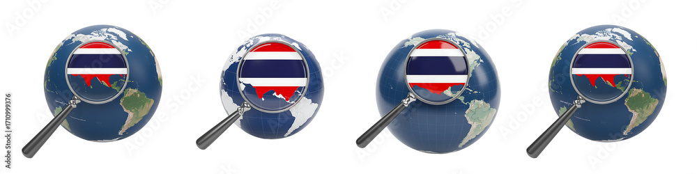 Naklejka premium Thailand Flag on Globe with Magnifying Glass On Transparent Background