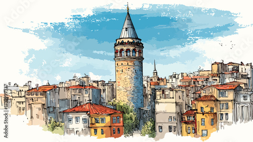 Historic Galata Tower Vector Drawing Cartoon - Detailed and Colorful Illustration for Design Projects