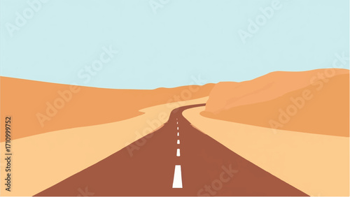 Road passing through a desert. Road and desert landscape. Illustration of a desert road. 