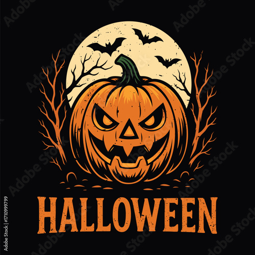 Spooky halloween vector illustration featuring a scary pumpkin. Tee design for printing. Good for poster, wallpaper, t-shirt, gift.