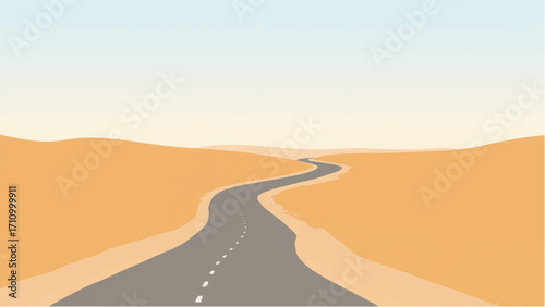 Road passing through a desert. Road and desert landscape. Illustration of a desert road. 