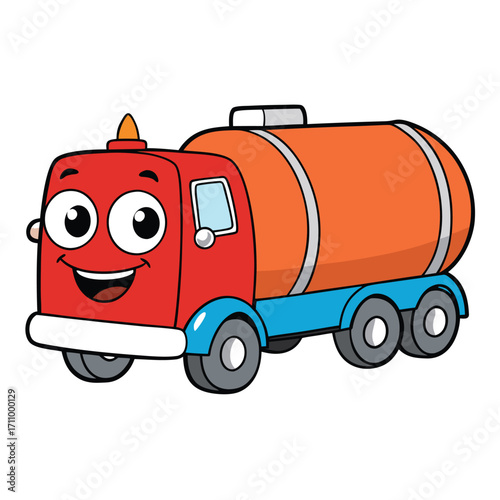 Happy cartoon red fuel tanker truck with orange tank Keywords: truck, cartoon, vehicle, transportation, fuel