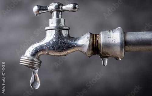 Close up view of a dripping faucet with water droplets cascading