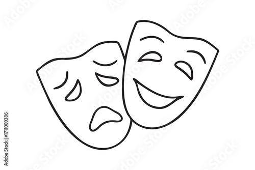 Two ancient traditional theatrical mask. greek game human masks doodle hand drawn icon. Outline drawing Comedy and tragedy mask line clipart symbol