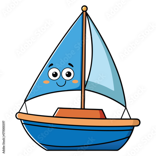 Happy Cartoon Sailboat With Blue Sails And Smiling Face sailing watercraft
