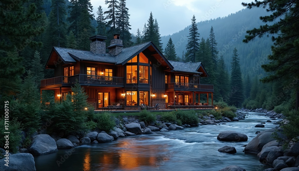 Fototapeta premium Luxury log cabin with illuminated windows sits beside rushing mountain river surrounded by dense evergreen forest. Warm light spills from interior spaces onto deck, grounds. Scene evokes peaceful,