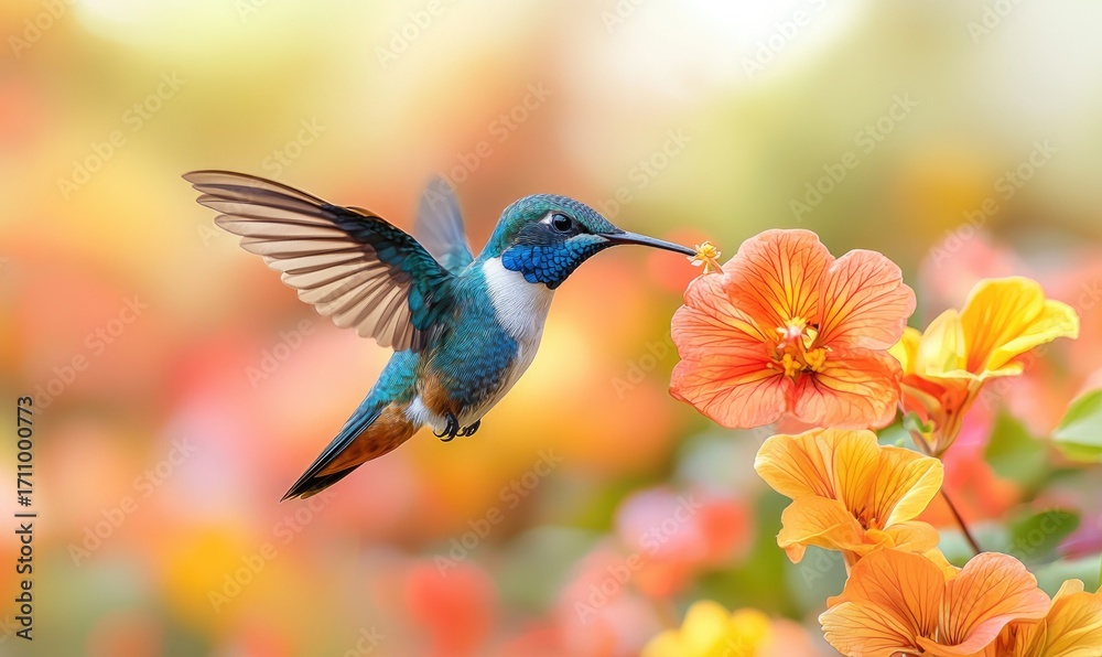 Fototapeta premium Vibrant hummingbird in a garden of orange and yellow flowers