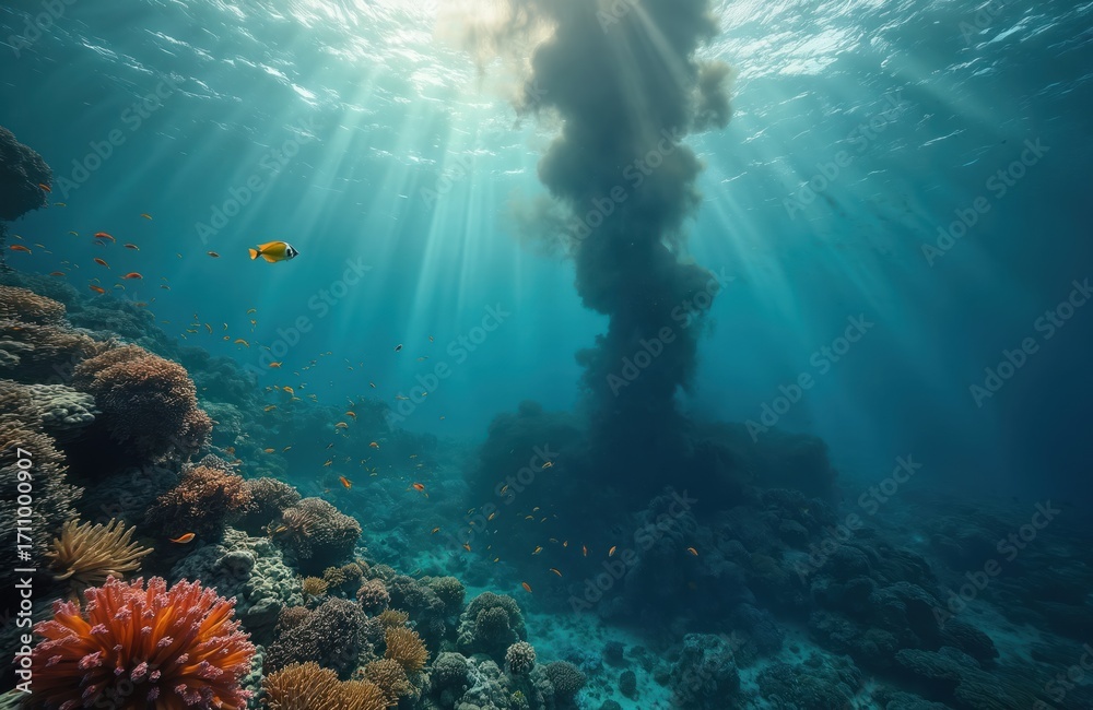 Obraz premium Vibrant underwater coral reef with various colorful fish swims. Sunlight penetrates clear blue ocean water above. Dark pollution plume rises from sea floor. Shows marine eco damage, ocean crisis,