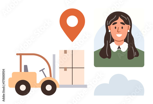 Forklift moving cargo boxes, location pin, and woman s portrait symbolizing delivery and customer focus. Ideal for logistics, shipping, customer service, distribution, supply chain, package tracking