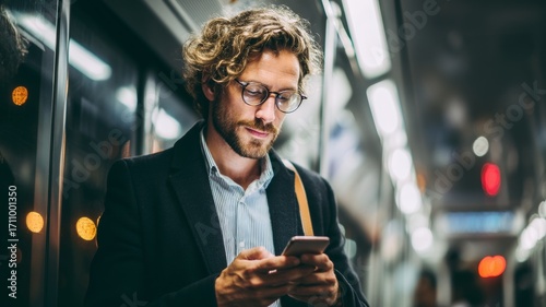 Stylish man with curly hair and glasses is using a smartphone while commuting on a subway train, surrounded by modern interior and ambient lighting, showcasing urban lifestyle