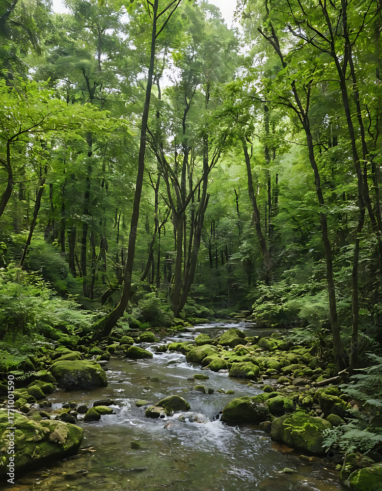 Obraz premium Serene forest stream flows gently over moss-covered rocks, lush green trees creating a tranquil, natural sanctuary