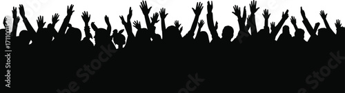 Silhouette of cheering crowd with raised hands at concert, festival, celebration, music event, party, audience, excitement, energy, unity illustration