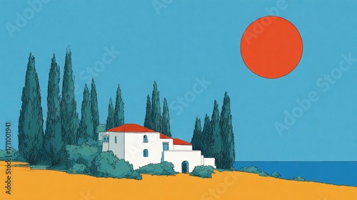 Vibrant illustration of a coastal house surrounded by tall cypress trees, under a large orange sun, set against a bright blue sky and golden sandy landscape