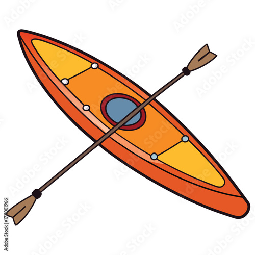 Orange kayak with paddle on a white background Keywords: kayak, canoe, boat, watercraft, paddle, oar, water