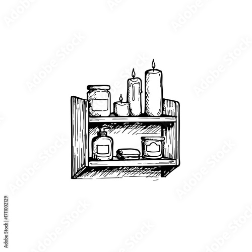 Bathroom shelf with candles and jars in vintage sketch style  