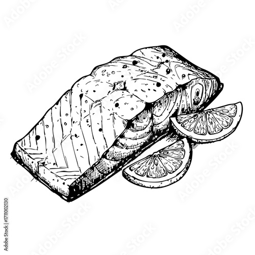 Vintage sketch of baked salmon with lemon slices  