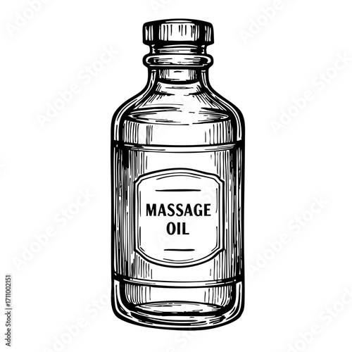 Vintage sketch of a glass bottle labeled massage oil  