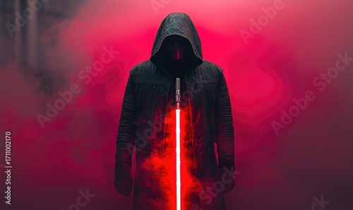 Mysterious figure in dark cloak with glowing red lightsaber, surrounded by smoky pink background