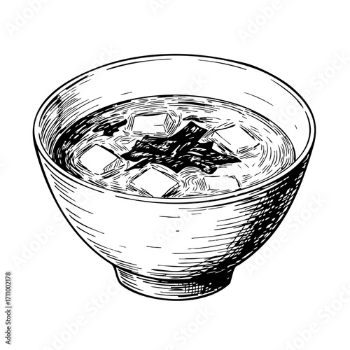 Vintage sketch of a bowl of miso soup with tofu and seaweed  