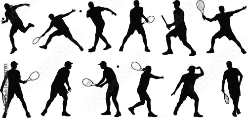 Silhouette of tennis players in various action poses, holding rackets, playing sports, hitting ball, athletic training, competitive match illustration