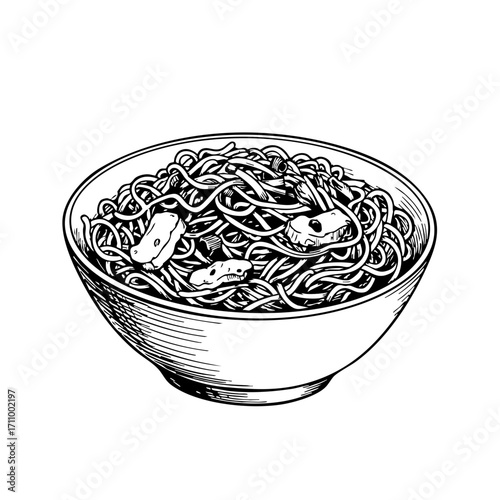 Vintage sketch of a bowl of fried noodles with garnish  
