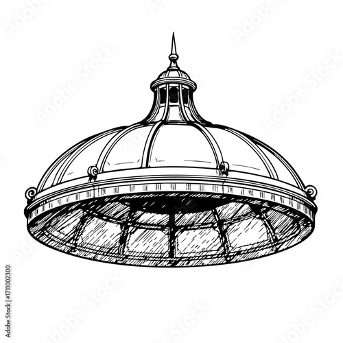 Circular pavilion roof vintage sketch illustration  