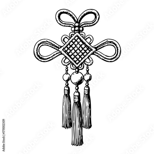 Vintage sketch of a Chinese knot decorative ornament with tassels  