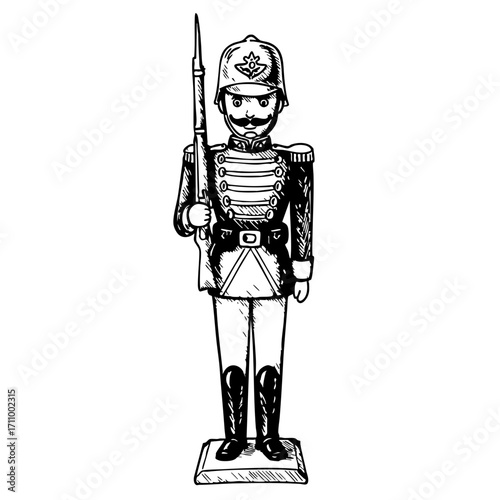 Vintage sketch of a toy soldier standing at attention  