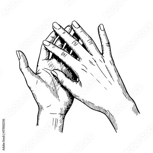 Close-up of vintage sketch of manicured hands clasping gently  