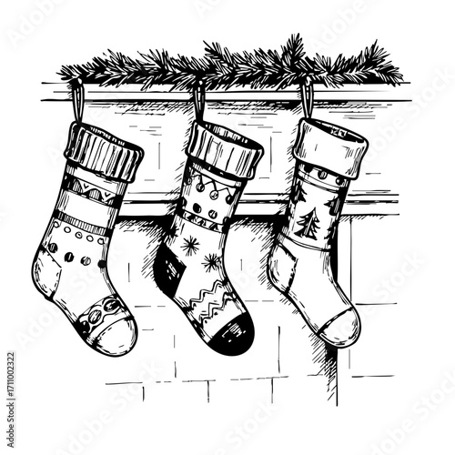 Vintage sketch of three decorative Christmas stockings on mantel  